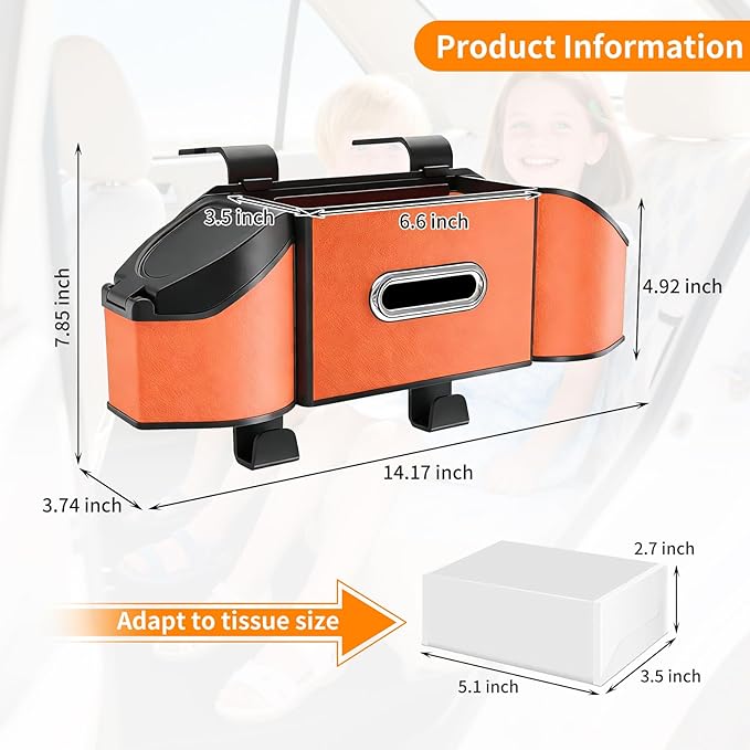 7-in-1 Multifunctional Car Seat Back Organizer, Car Back Seat Storage Box Trash Can & Cup Holder with Tissue Box, Hooks, Universal Fit for Most Cars, SUVs, Trucks (Orange)