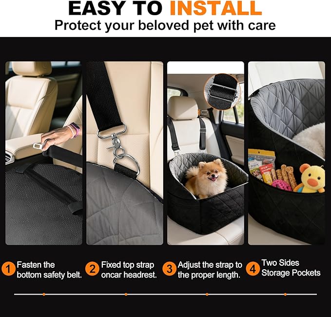 Dog Car Seat for Small Medium Dogs, Dog Booster Seat Travel Bed for Small Dogs up to 30 lbs, for Front/Back Seats – Washable Pet Car Seat with 2 Pockets (Black/Gray)