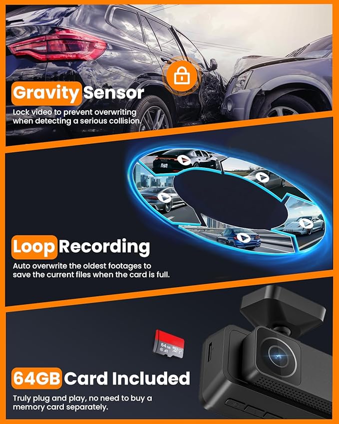 4K 3 Channel Dash Cam, 2160P+1080P+1080P Front and Rear Inside Car Camera with 64GB Card, WiFi Built-in GPS, 3“ IPS Screen, IR Night Vision, G Sensor, WDR(F3)