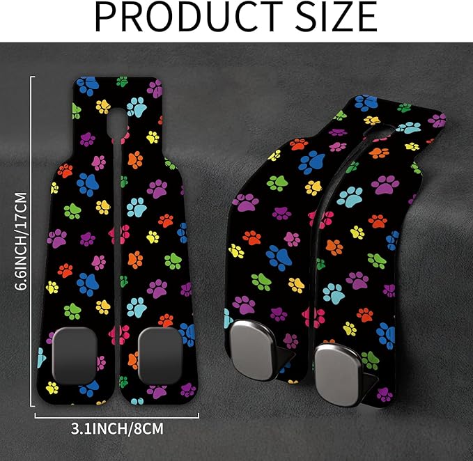 Car Seat Back Storage Headrest Hook, Premium Leather Double Metal Hook, Hanger Storage Organizer for Purse Cloth Bag, Car Interior Accessories Colorful Dog Paws