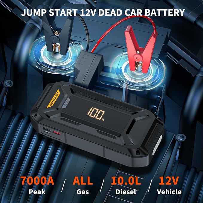 Acmount P120 Car Battery Jump Starter Portable, 7000A 12V Car Jumper Starter with Jump Box (All Gas/10.0L Diesel), LCD Display, USB Quick Charge & LED Light, Ultimate Durable Battery Jump Pack