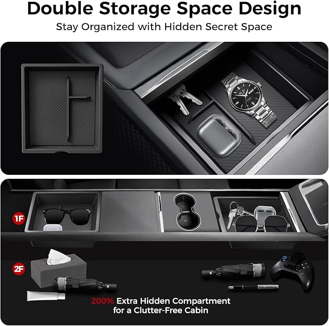 Center Console Organizer 5PCS Compatible with Tesla Model Y Juniper2026, Armrest Storage Tray, Hidden Storage Box, Cup Holder, Phone Holder – Interior Accessories for New Model Y/3 2025