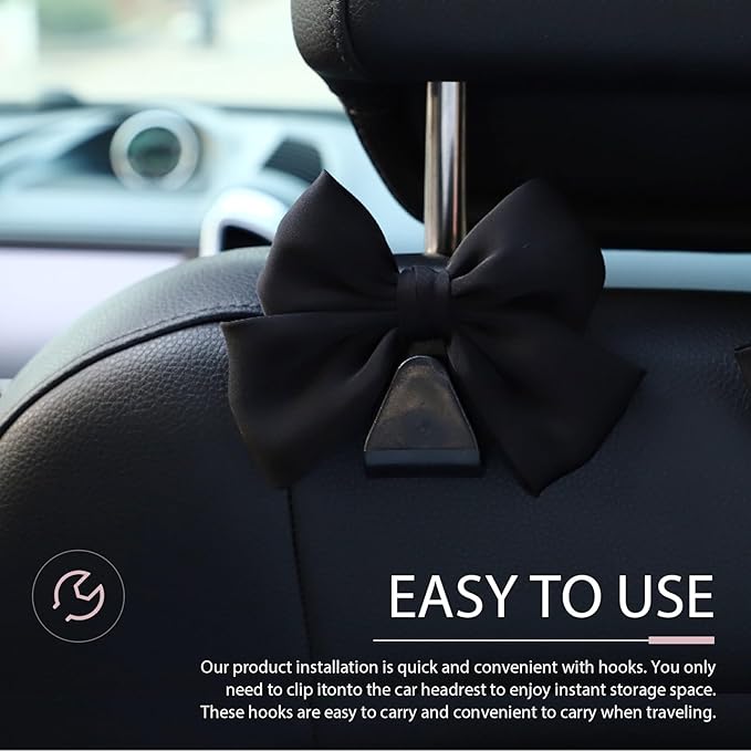 2PCS Car Seat Headrest Hooks, Car Purse Hooks, Cute Bow Shaped Auto Rear Seat Storage Hook Hanger for Purses and Bags, Auto Interior Decoration Accessory for SUV Sedan Truck (Black)