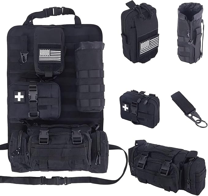 BXBXHD Universal Tactical Car Seat Back Organizer Bag Tactical Molle Vehicle Organizers Panel Vehicle Protector Organizers with 4 Detachable Pouches for Car Truck Ford Jeep Vehicle (Black)