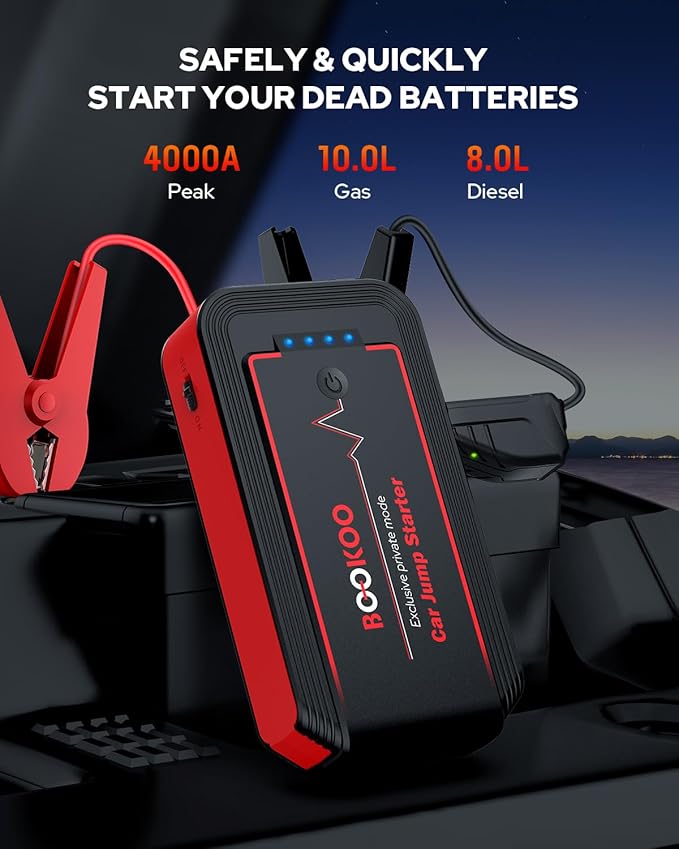 BOOKOO Car Battery Jump Starter,4500A Portable Car Jumper Starter for upto 10L Gas and 8L Diesel Engines,12V Jump Box with Jumper Cables,USB QC3.0,128W DC Port,LED Light for Car Trip and Emergency Use