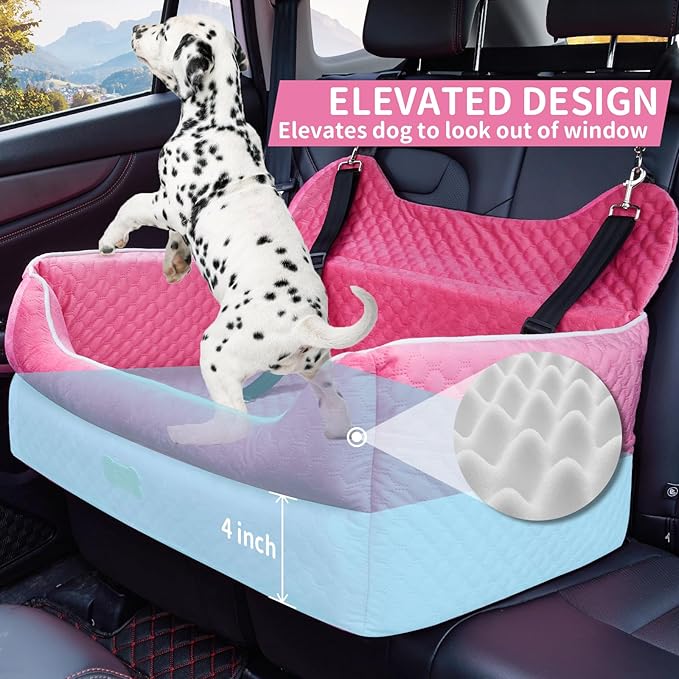 Dog Car Seat for Large/Medium Dogs - Memory Foam Dog Booster Seat for Under 55Lbs or 2 Small Dogs-Detachable and Washable Travel Bed with Thick Cushion and Storage Pockets-Pink