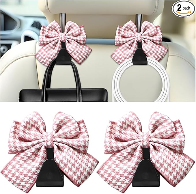 Cute Bow Car Seat Headrest Hooks, 2PCS Multifunctional Vehicle Rear Seat Hanging Hooks, Automotive Interior Seatback Storage Organizer for Purses Bags, Universal Fit (Pink/Houndstooth)