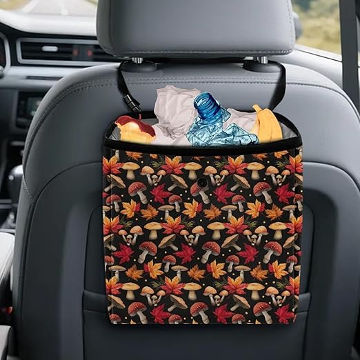 Maple Leaf Mushroom Car Trash Can Cute Leakproof Car Garbage Bag Hanging Trash Bin Automotive Garbage Cans for Back/Front Seat/Console Fall Decor Car Accessories