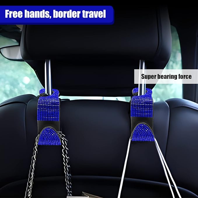 OSIFIT 2PCS Car Seat Hooks, Bling Car Rhinestone Headrest Hooks, Universal Bling Car Interior Accessories, for Handbag, Clothes, Purse, Water Bottle (Blue)