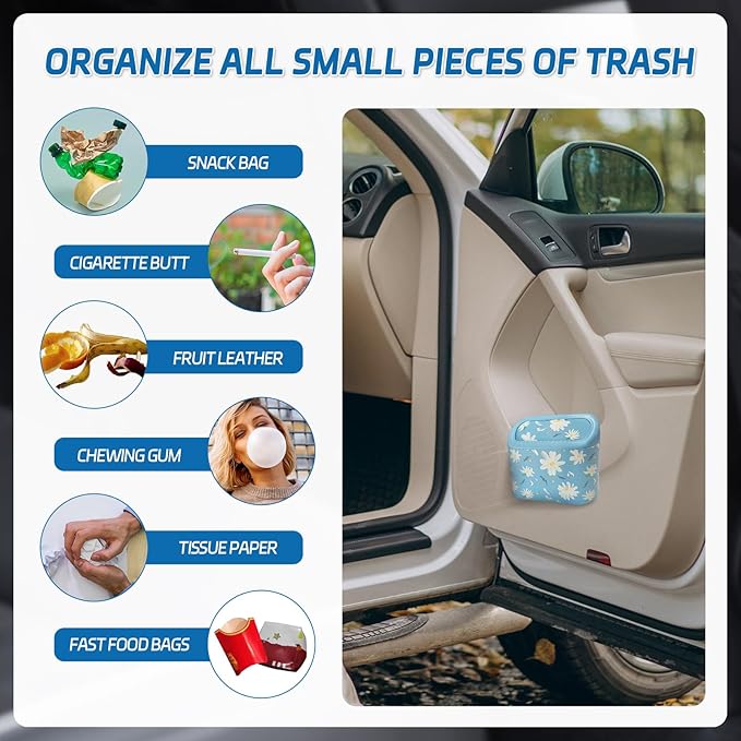 Mini Car Trash Can with Lid – Cute Floral Trash Can for Women, Automotive Garbage Bin with 5 Bags, Organizer for Front and Back Seat, Girly Car Accessories for SUV, Truck, Sedan, Teen Girls