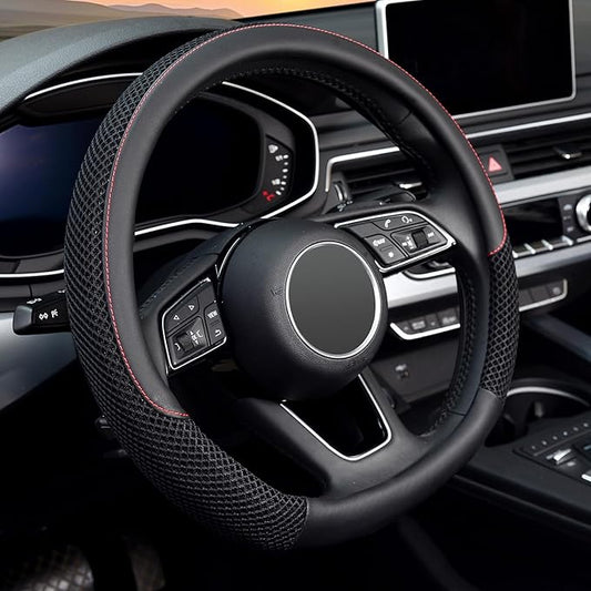 KAFEEK D Shape Steering Wheel Cover, Universal 15 inch, Microfiber Leather Viscose, Breathable, Anti-Slip,Warm in Winter and Cool in Summer, Black