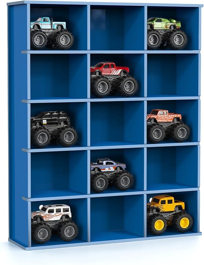 Trucks Display Shelf, 15 Slot Toy Cars Display Case, Wall Mounted Toy Truck Storage Organizer Holder, Blue