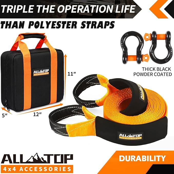 ALL-TOP Heavy Duty Tow Strap Recovery Strap Kit : 3 inch x 30 ft (35,000 lbs) 100% Nylon and 22% Elongation Snatch Strap + 3/4 D Ring Shackles (2pcs) + Storage Bag
