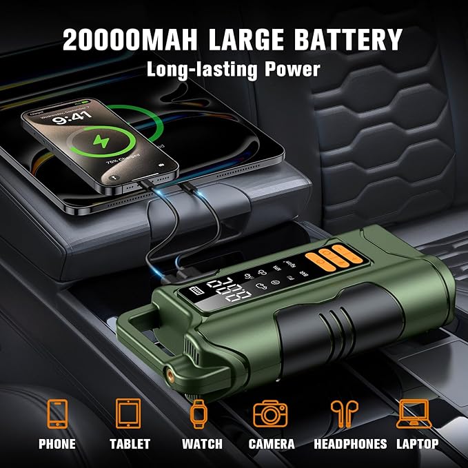 Jump Starter with Air Compressor,5000A Car Battery Jumper Starter, 16000mAh Battery Jumper Starter Portable for 10L Gas/Diesel Engine with 160PSI Booster,LED Display & Light,Jumper Cables