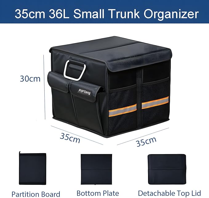 Trunk Storage Organizer with Lid, 35cm Small 36L Collapsible Car Trunk Organizer,Small Car Organizer Aluminium Handle, Car Accessories for Sedan Auto SUV Truck Minivan Road Emergency Black