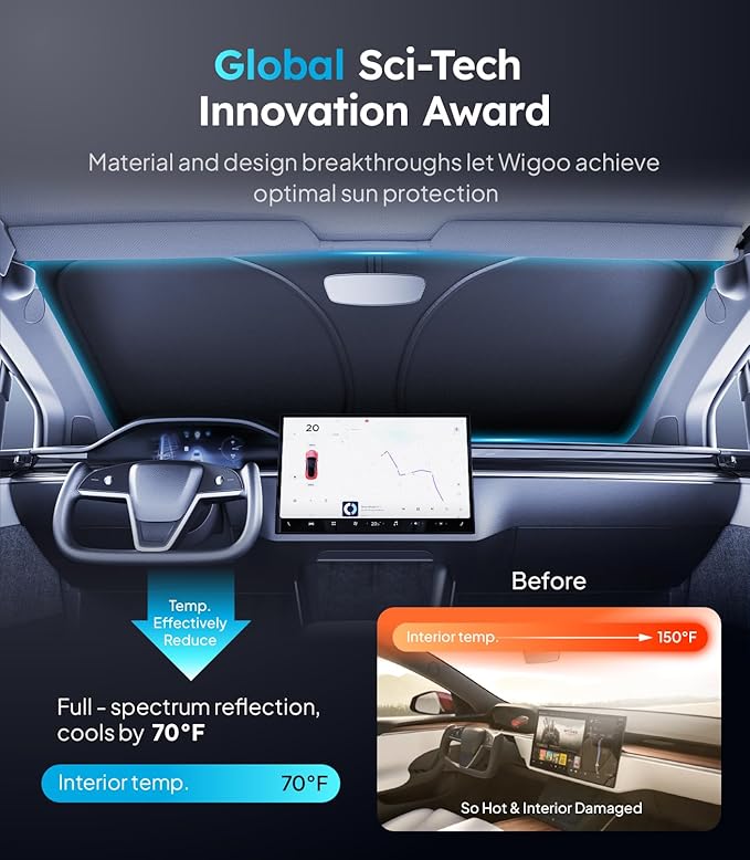 2026 Upgraded Accessories Tesla Model X Windshield Sunshade [Ice Shield Tech Fabric, 100% Sun Blockage], Foldable Heat Insulation Sunshade with Storage Bag, for Tesla Model X 2016~2026, Silver Coating