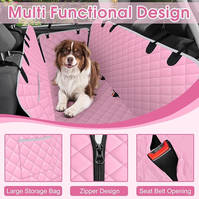 NECKORY Waterproof Dog Car Seat Cover for Back Seat - Durable, Scratch Proof Pet Hammock with Nonslip Design & Storage Pockets, Fits Cars, SUVs, Trucks - S, Pink/Grey