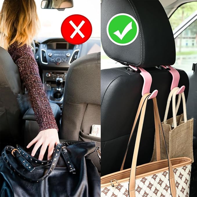 Hanemia 4PCS Car Seat Headrest Hooks, Auto Back Seat Hanger Holder, Durable Stylish Vehicle Organizer Universal Car Interior Accessories, Storage Hooks for Purses, Bags, Clothes (Carbon Fiber/Pink)