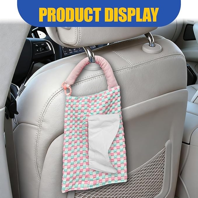 Car Tissue Holder, Checkered Pattern Car Backseat Napkin Holder, Rectangular Canvas Hanging Auto Tissues Box, Universal Vehicle Storage Organizer Accessory for Phone, Small Items (Blue)