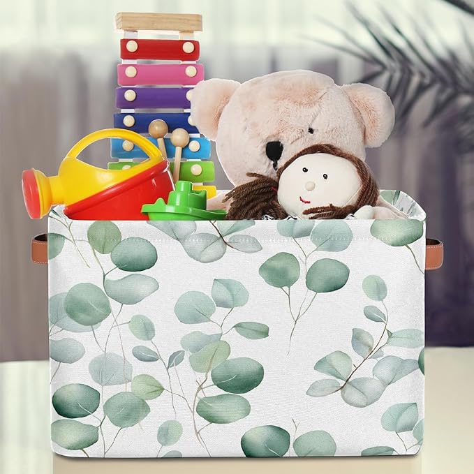 Eucalyptus Leaves Storage Baskets for Organizing, Fabric Collapsible Storage Bins Box Sage Green Decorative Toy Organizer Baskets for Closet Shelves Gift Basket 2Pcs