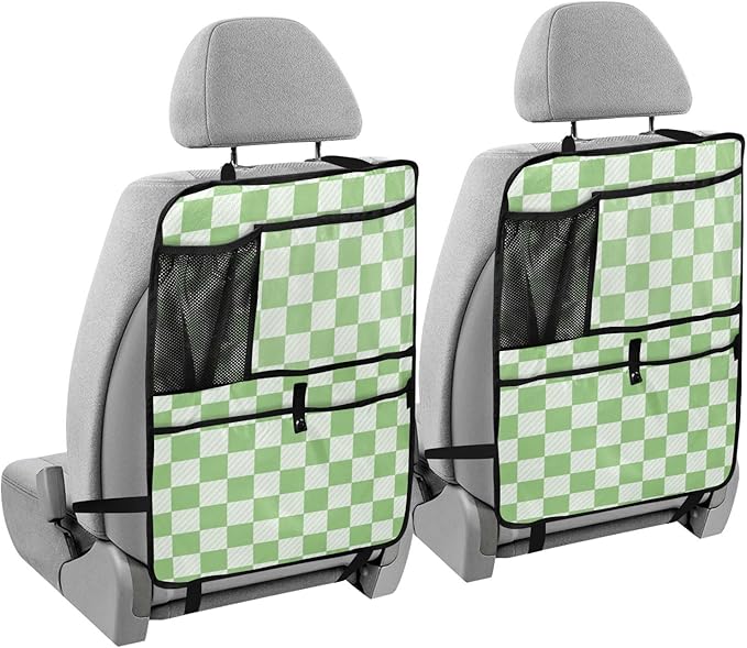 Checkered Light Green 1 Pack Backseat Car Organizer with Storage Pockets Seat Back Organizers for Kids Kick Mats Backseat Protector Automotive
