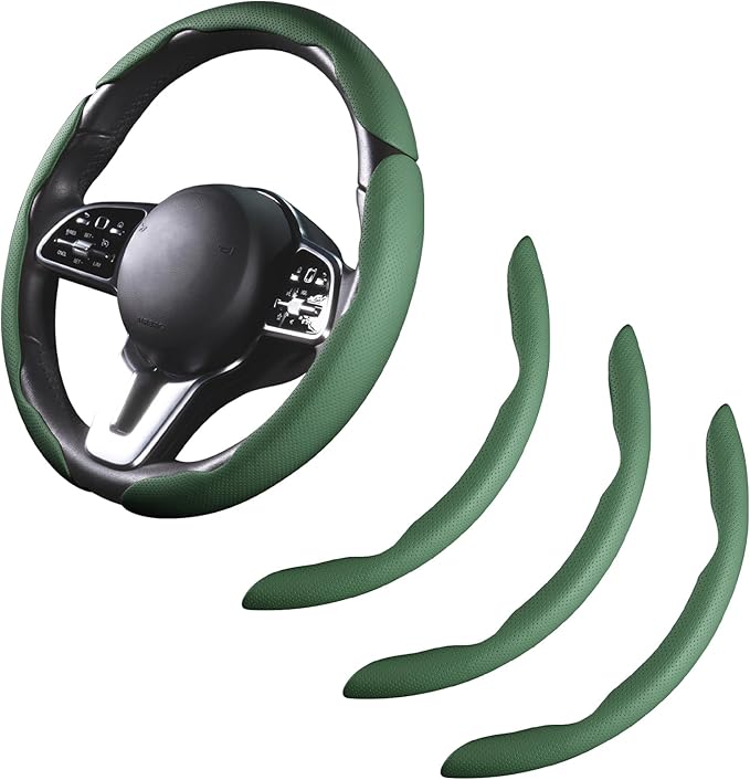 Car Steering Wheel Cover Leather Snap On 3Pcs Set Non-Slip Protector Wrap Steering Wheel Accessories 14.5-15 inch Universal Green