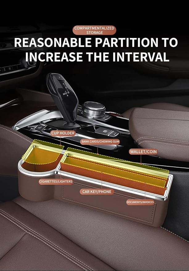 SANRILY 2 Pack Car Seat Gap Filler Organizer with Cup Holder Universal Fashion PU Leather Multifunctional Car Center Console Organizer with USB Hole Brown