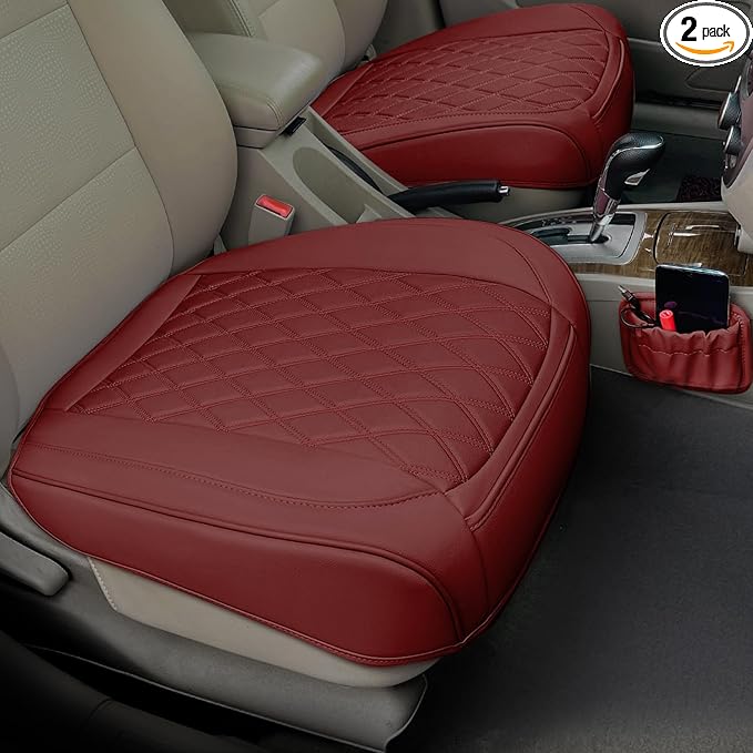 2 Pack Leather Front Car Seat Cover Bottom Car Seat, Anti-Slip and Full Wrap Driver Car Seat Protectors with Storage Pocket, Luxury Waterproof Bottom Auto Seat Cushion Pad Mat for Most Vehicles(Red)