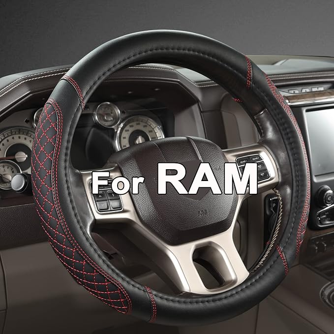 West Llama Customized Auto Car Steering Wheel Cover for Dodge RAM 1500 2500 3500, 15.5-16 inch (Diamond Quilted-Black+Red-Large Size)