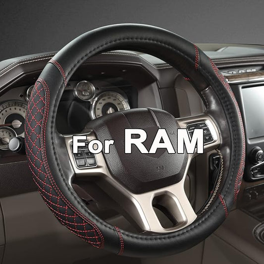 West Llama Customized Auto Car Steering Wheel Cover for Dodge RAM 1500 2500 3500, 15.5-16 inch (Diamond Quilted-Black+Red-Large Size)