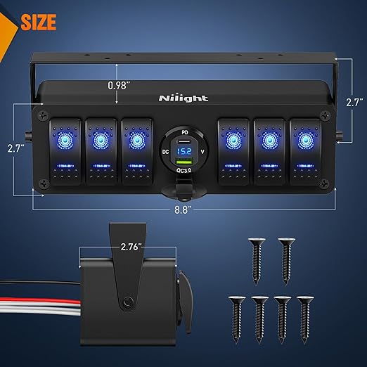 Nilight 6 Gang Rocker Switch Box 12V SPST ON Off PD Type C and USB Charger Voltmeter Waterproof Aluminum Panel Night Glow Stickers for Boats Cars RVs Trucks