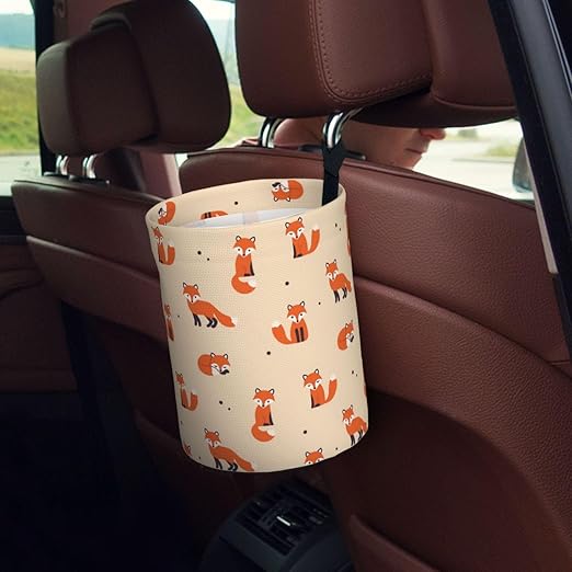 Vintage Cute Little Red Fox Car Trash Can Leak Proof Hanging Waterproof Garbage Can Multipurpose Trash Bin for Car SUV Front Seat Headrest Collapsible and Portable Storage Pocket