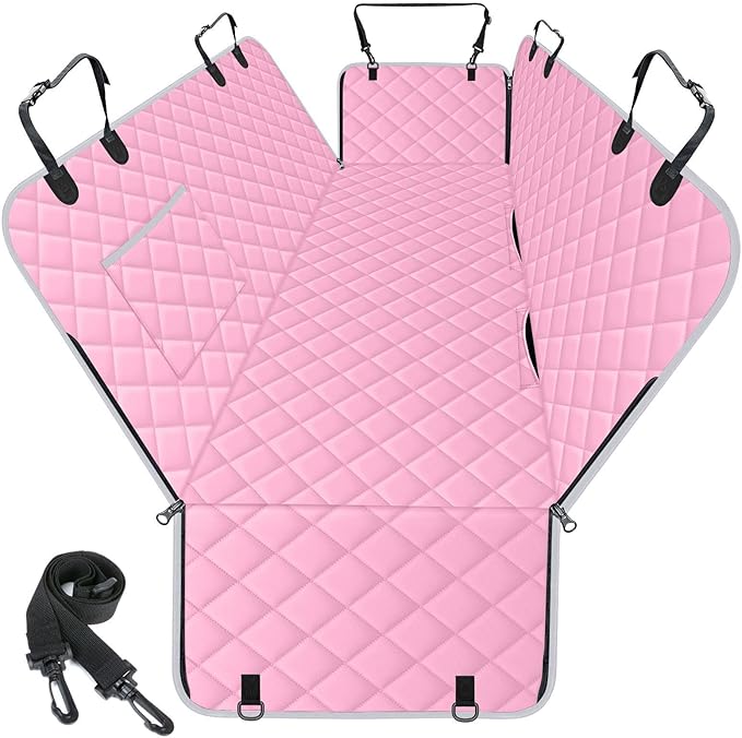 NECKORY Waterproof Dog Car Seat Cover for Back Seat - Durable, Scratch Proof Pet Hammock with Nonslip Design & Storage Pockets, Fits Cars, SUVs, Trucks - S, Pink/Grey