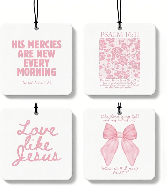 Pink Christian Car Air Freshener 4 Pcs, Girly Pink Bow Floral Religious Hanging Air Freshener for Cars Closet Drawer Books, Cute Preppy Christian Car Accessories Mirror Decor for Women