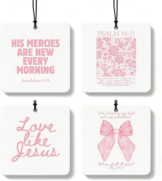 Pink Christian Car Air Freshener 4 Pcs, Girly Pink Bow Floral Religious Hanging Air Freshener for Cars Closet Drawer Books, Cute Preppy Christian Car Accessories Mirror Decor for Women