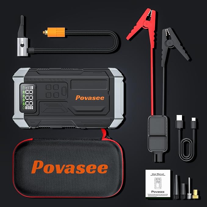 Povasee Jump Starter with Air Compressor 5000A Portable Jump Box up to 9L gas/8L Diesel,inflates Tires to 150PSI 12V Car Battery Jumper Starter