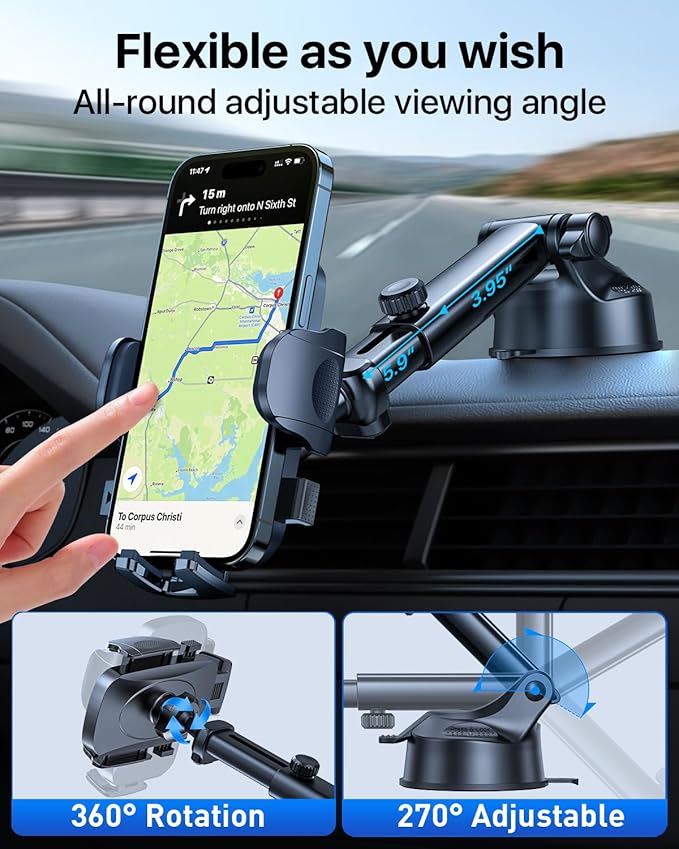 HTU 2026 Upgraded [True Military-Grade] Car Phone Holder【Safety Certs & No Smell】 Cell Phone Holder for Car Mount for Dashboard Windshield Air Vent Long Arm Thick Case,Red