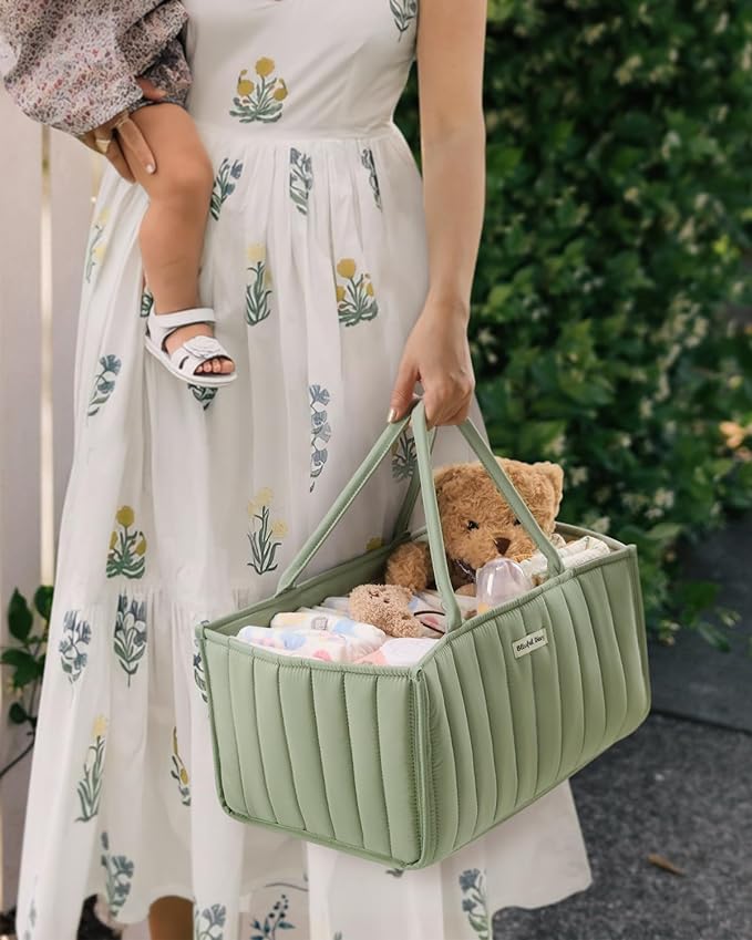 Blissful Diary Baby Diaper Caddy Organizer, Stylish Storage Basket for Newborn Essentials and Diaper Station, Gift for Baby Shower and Registry Must-Have, Sage Green