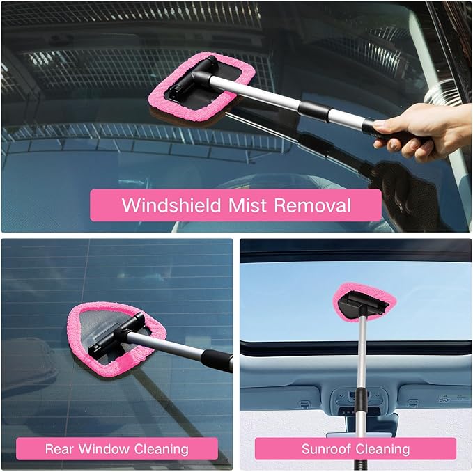 Qydipclin 7pcs Windshield Cleaner Tool Car Window Cleaning Wash Kit with 4 Reusable Microfiber Pads 1 Spray Bottle and Extendable Handle Auto Glass Wiper Kit, Pink