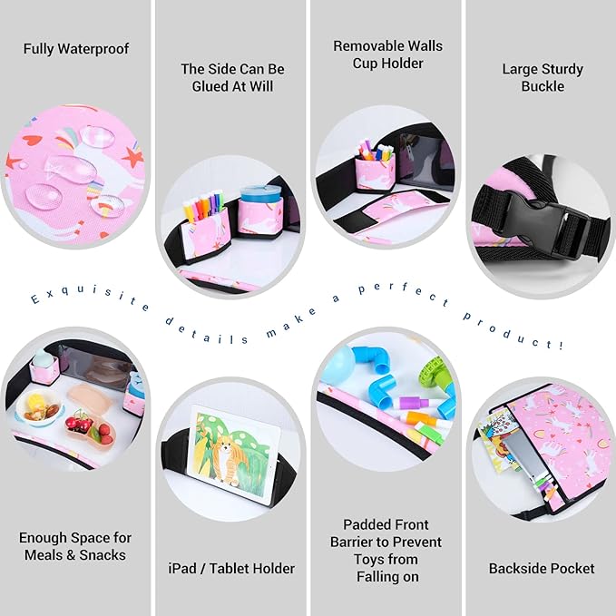 COOLBEBE Kids Travel Tray for Toddler Car Seat, Travel Tray for Airplane, Toddler Car Seat Lap Tray, Carseat Table Tray for Kids (Pink Unicorn, 2Pack)