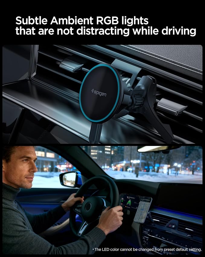 Spigen Essential MagFit Qi2 Ultra-Thin 15W MagSafe Car Mount Charger with Airboost™ & Dimmed RGB Lights Wireless Car Charger Mount Compatible with iPhone 17e, 17 Pro Max, 17 Pro, 17 16 15 14 13 12