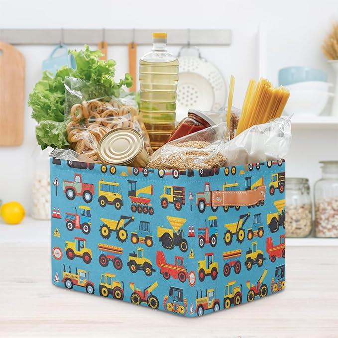 Cartoon Construction Storage Baskets for Organizing, Fabric Collapsible Storage Bins Box Cars Tractors Bulldozers Decorative Toy Organizer Baskets for Closet Shelves Gift Basket 2Pcs
