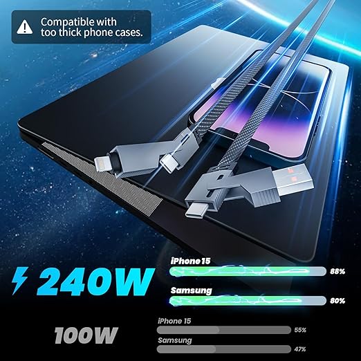 Travel Essentials,Dual Type-C 4 in 1 Multi Charging Cable, 5 FT Universal Charging Cables for All Devices, 2 USB-C/Lightning/Micro USB Port, Compatible with iPhone 17 16/15 Series/Phone/Tablet,240W