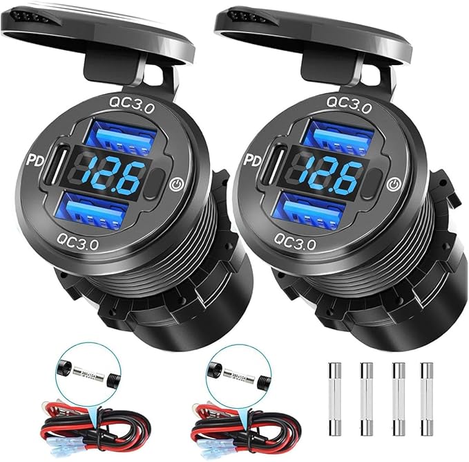 2PCS 78W 3Ports 12V USB Outlet with Voltmeter & Switch - PD3.0 & Dual QC3.0 Quick Charge Car Charger Socket, Aluminum Waterproof USB C Port for Boat Marine Motorcycle RV Truck ATV Golf Cart