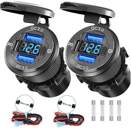 2PCS 78W 3Ports 12V USB Outlet with Voltmeter & Switch - PD3.0 & Dual QC3.0 Quick Charge Car Charger Socket, Aluminum Waterproof USB C Port for Boat Marine Motorcycle RV Truck ATV Golf Cart