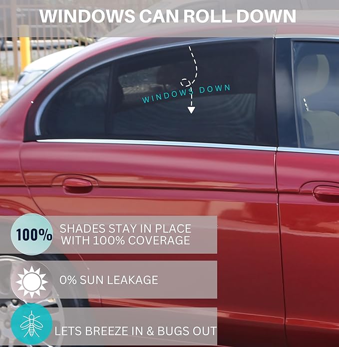M/Car Window Sun Shades for Baby (9 Sizes) - Back Seat Stretchy Mesh Sock Style Heat Blockers for Side Windows, Protects from Sun, Bugs, UV & Ensures Privacy, 2-Pack by Qualizzi