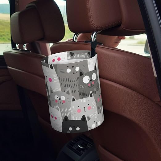 Cat Pattern Car Trash Can Leak Proof Hanging Waterproof Garbage Can Multipurpose Trash Bin for Car SUV Front Seat Headrest Collapsible and Portable Storage Pocket