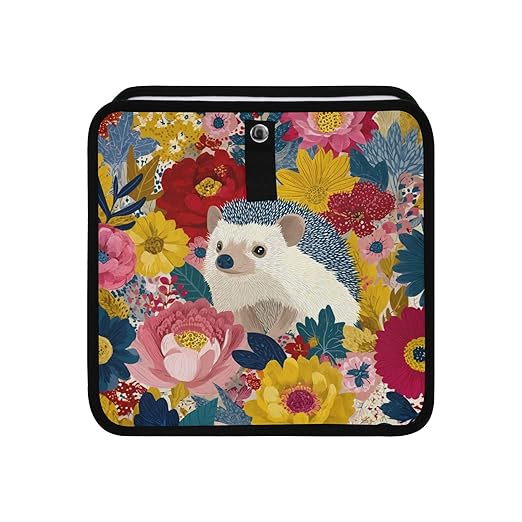 Car Trash Can Organizer Bin with Adjustable Strap for Back Front Seat Console Waterproof Leakproof Collapsible Portable 11 Inch Garden Flowers Hedgehogs Colorful
