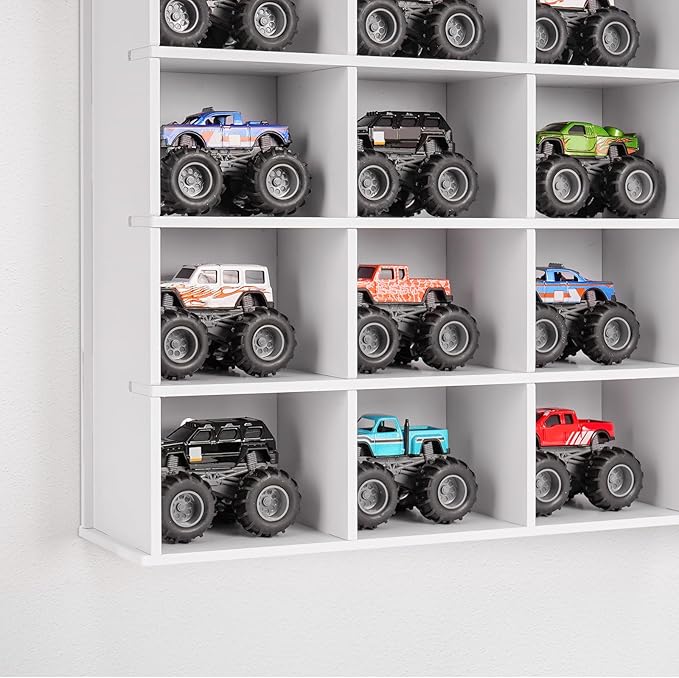 Trucks Display Shelf, 15 Slot Toy Cars Display Case, Wall Mounted Toy Truck Storage Organizer Holder