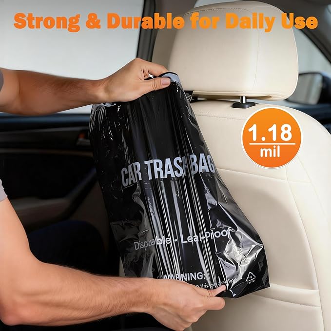 50 Count Recycled Disposable Car Trash Bags - 2 Gallon Heavy Duty Alternative to Bulky Car Trash Can & Car Garbage Can, Leakproof Smellproof Hanging & Stick-On Garbage Bag for Car, SUV, Truck, Vehicle